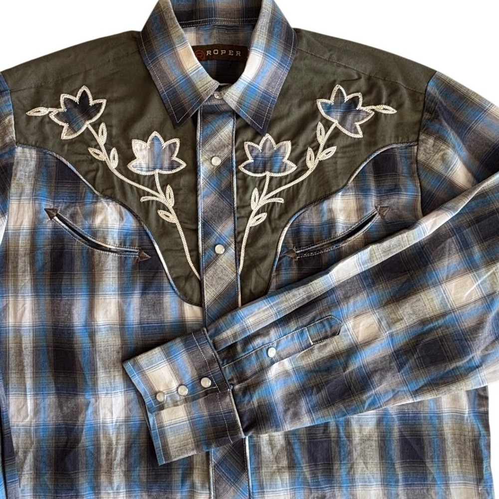 Roper Mens Blue Plaid Embroidered Floral Western Pearl Snap Shirt